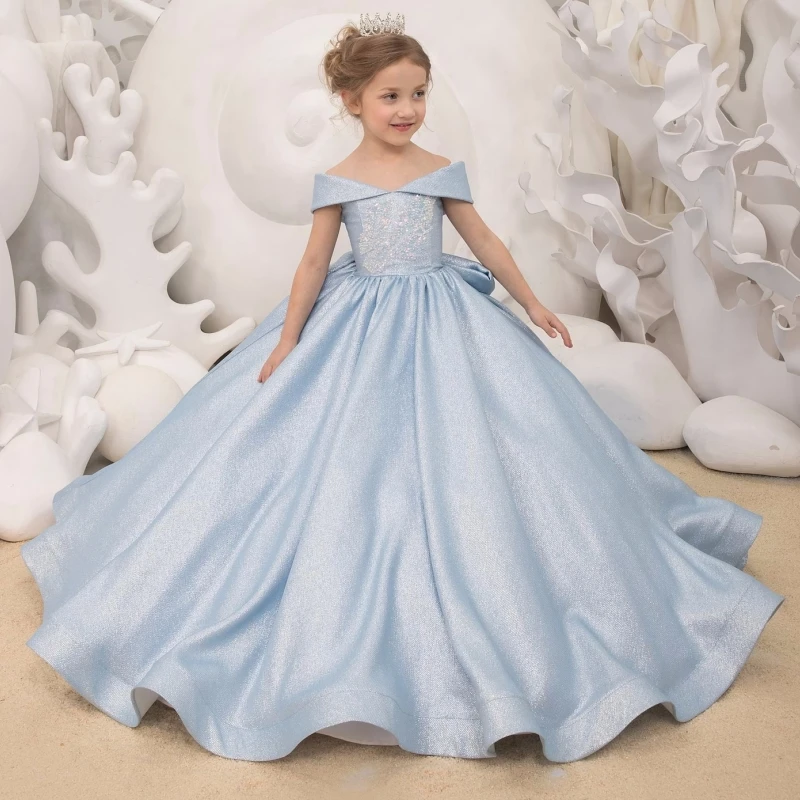 

Sky Blue Flower Girl Dresses Sequin Puffy With Bow And Tailing Off Shoulder For Wedding Birthday Party Banquet Princess Gowns