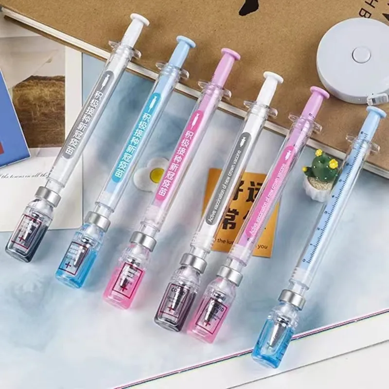 6Pcs Syringe Gel Pen Simulation Eliminates Injection Syringe Shape Ballpoint Pen Black Signature Pen Simulation Vaccine Pens