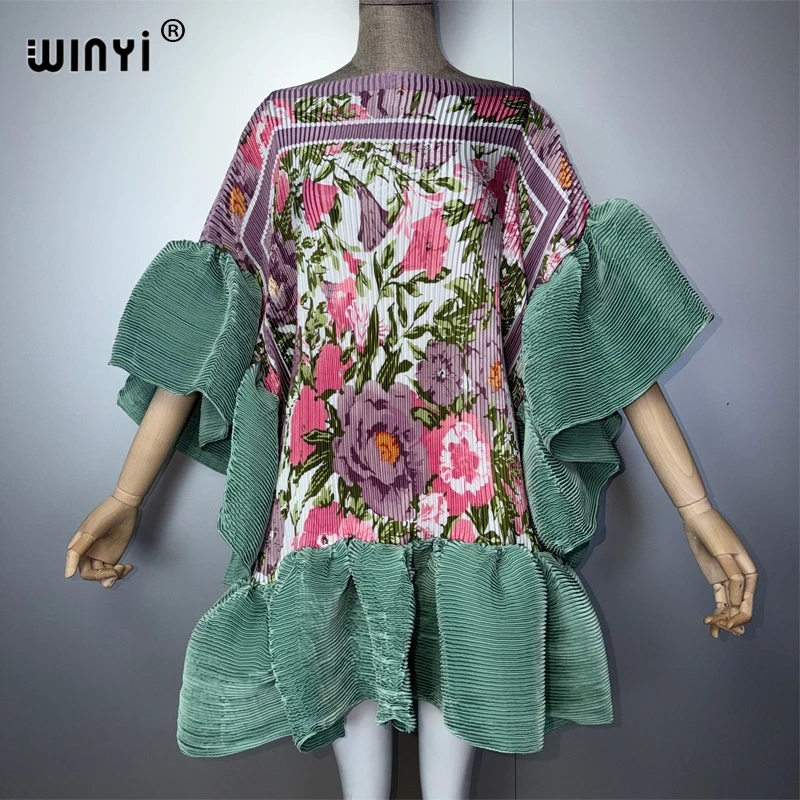 WINYI Women's Pleated Elastic Casual Short Dress Beach Cover up Kaftan Abaya Dubai Luxury Evening Wear Muslim Fashion