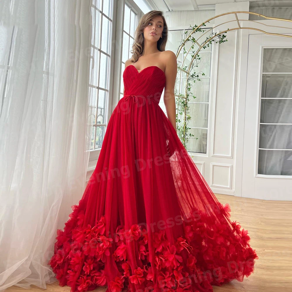 Charmante rode vrouwen A-lijn avondjurken Sweetheart prom jassen op maat gemaakte mouwloze vestidos de fiesta bloemen robe de soirée