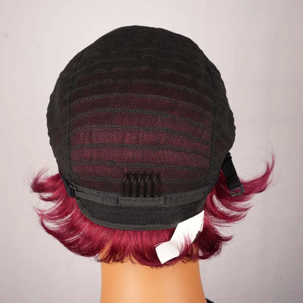 Peruka pixie cut w kolorze burgundowym, krótka, kręcona, dla czarnoskórych kobiet, warstwowa, z brazylijskich włosów remy, wykonana maszynowo, do codziennego użytku.