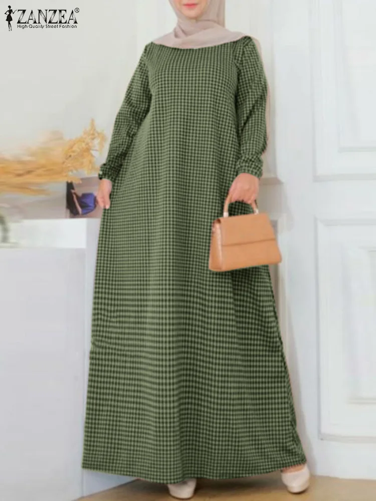 ZANZEA Muslim Fashion Abaya Robe Femme Vintage Checked Maxi Dress Long Sleeve Baggy Sundress Turkey Dubai Vestidos Plaid Kaftan