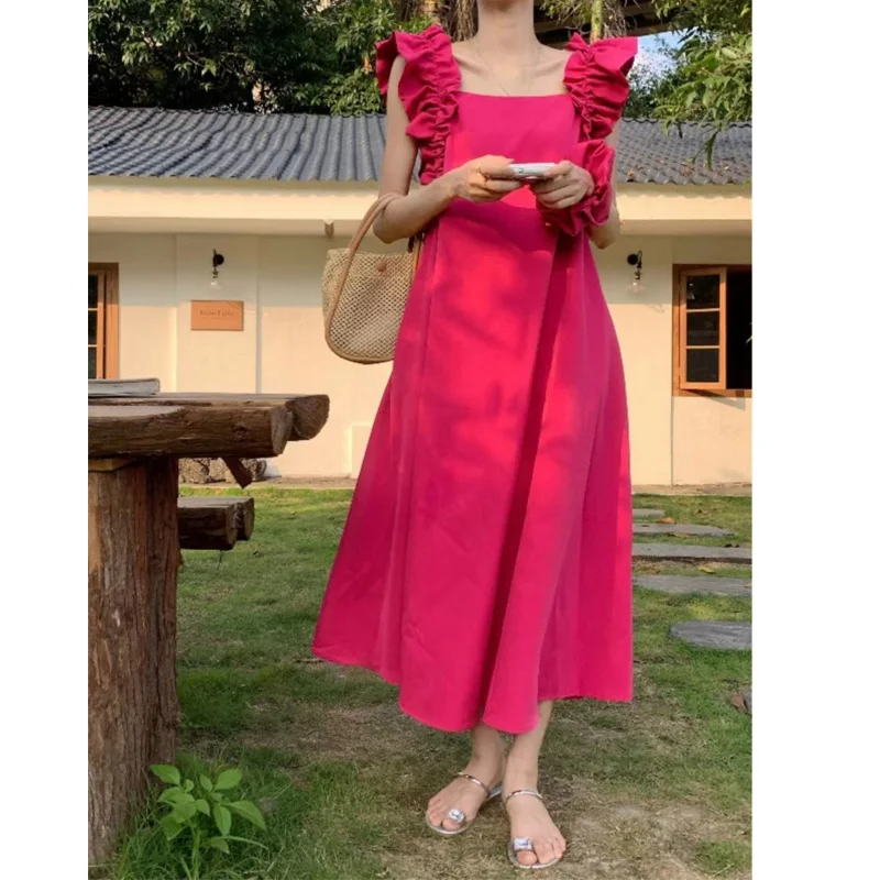 

Vintage Sleeveless Midi Dress Summer New Loose Pleated Backless Solid Off Shoulder Fashion Sexy Dress Sweet Korean Women Clothes