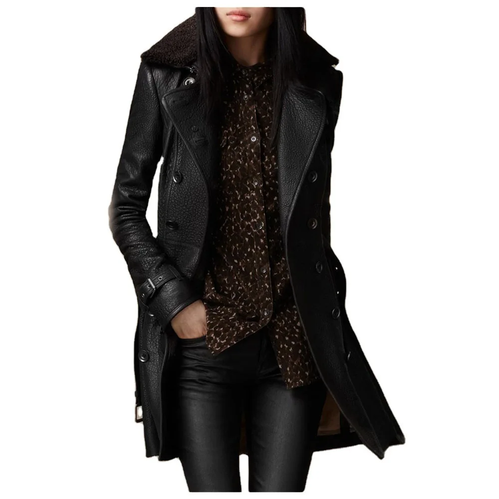 

2025 Women's Sweater Collar Leather Jacket Medium and Long Locomotive Thickened Leather Jacket Slim Fit Jacket