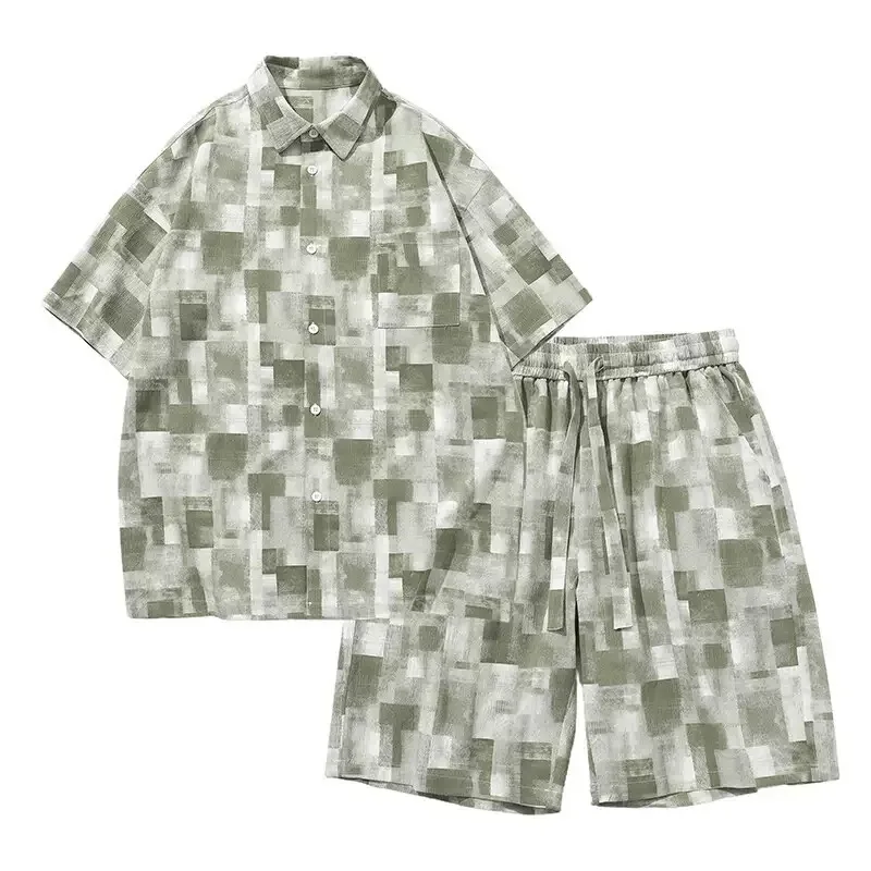 

Мужской летний модный спортивный комплект: рубашка с коротким рукавом в клетку и шорты, свободный крой, оверсайз, высокое качество, комплект из двух предметов
