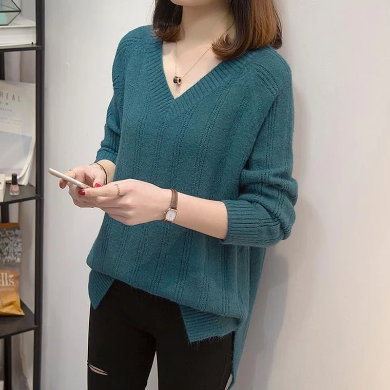 Autumn Winter Oversized V-neck Solid Sweater Top Women Simple All-match Bottoming Knitting Jumpers Loose Casual Fashion Pullover