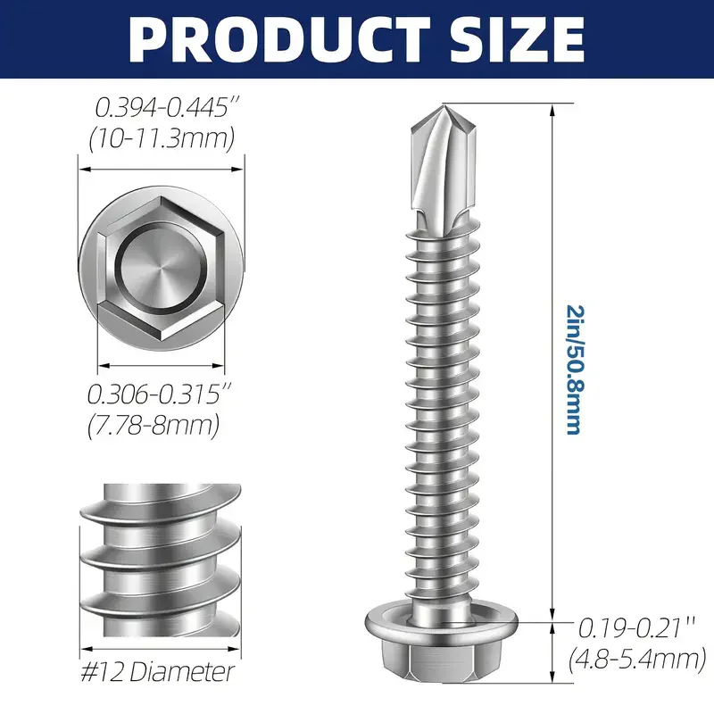 

Hexagonal washer head self-drilling screws from #12×3/4" to #12×4", 410 stainless steel metal plate screws, TEK screws, self-dri