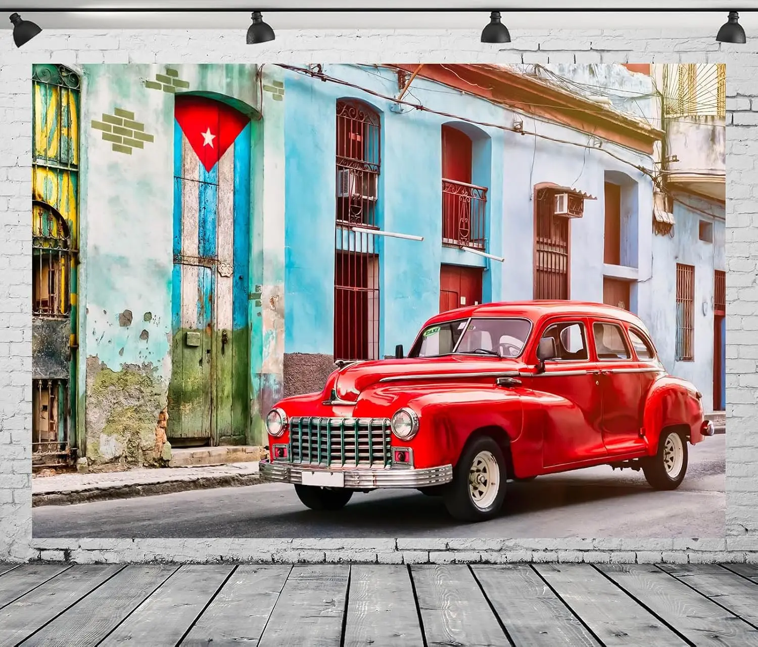 Vintage Red Classic Car Street Scene Tapestry Canvas Wall Decor Retro Havana Style Pop Art Poster Tropical Aesthetic Home Decora