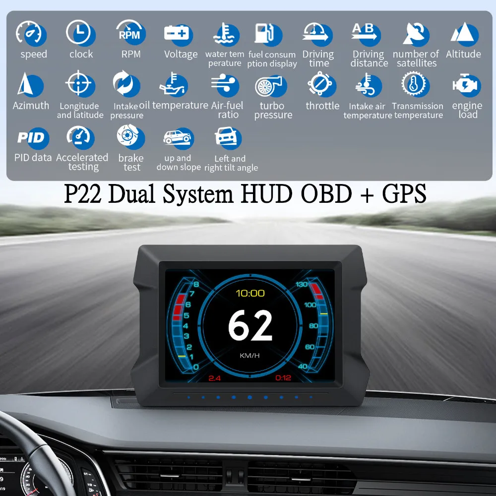 P22 OBD+GPS Dual System HUD Head Up Display Digital Clock Slope Tilt Meter Speedometer Temp RPM With Overspeed Low Voltage Alarm