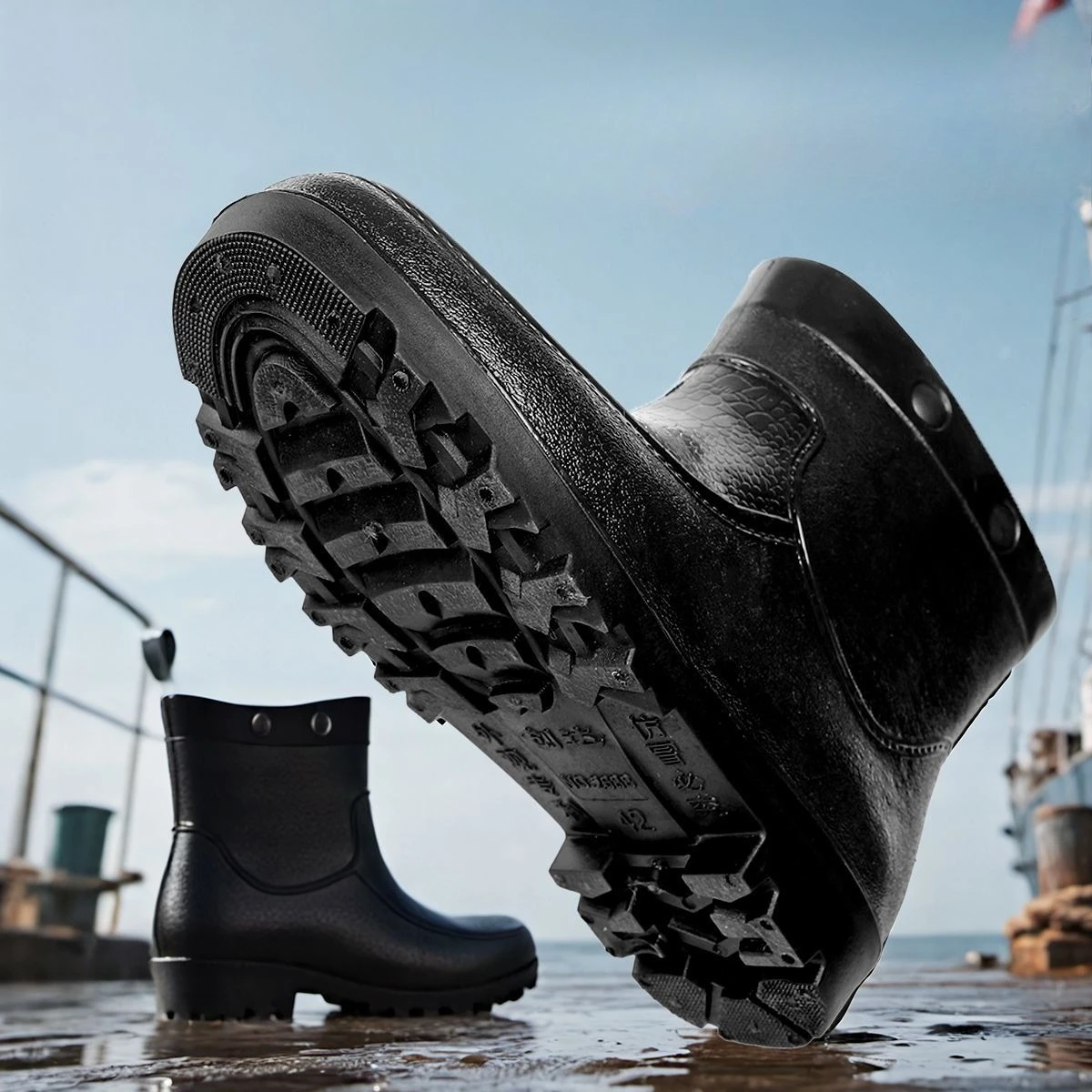 Men's Labor Protection Short Thickened Industrial Rain Boots Warm Waterproof Anti-Slip Wear-Resistant Drawstring Water Shoes