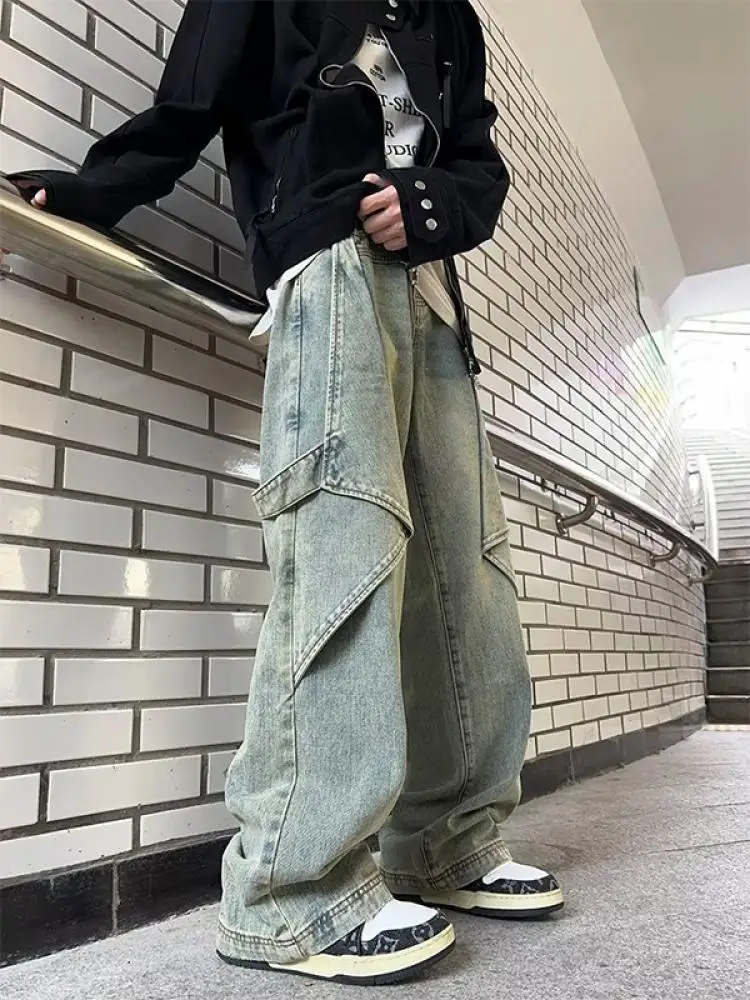 

Men's Workwear Jeans Vintage American Deconstructed Wide Leg Straight Tube Long Trousers Durable Casual Leisure Fashion