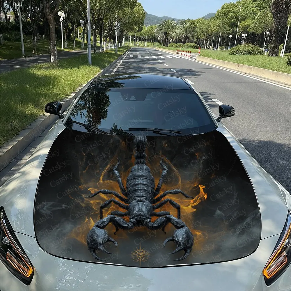 

Виниловая упаковка для автомобиля с пламенным черным скорпионом, брызгозащищенные наклейки из ПВХ на капоте двигателя, легко разбирается и прочный дизайн, Suita