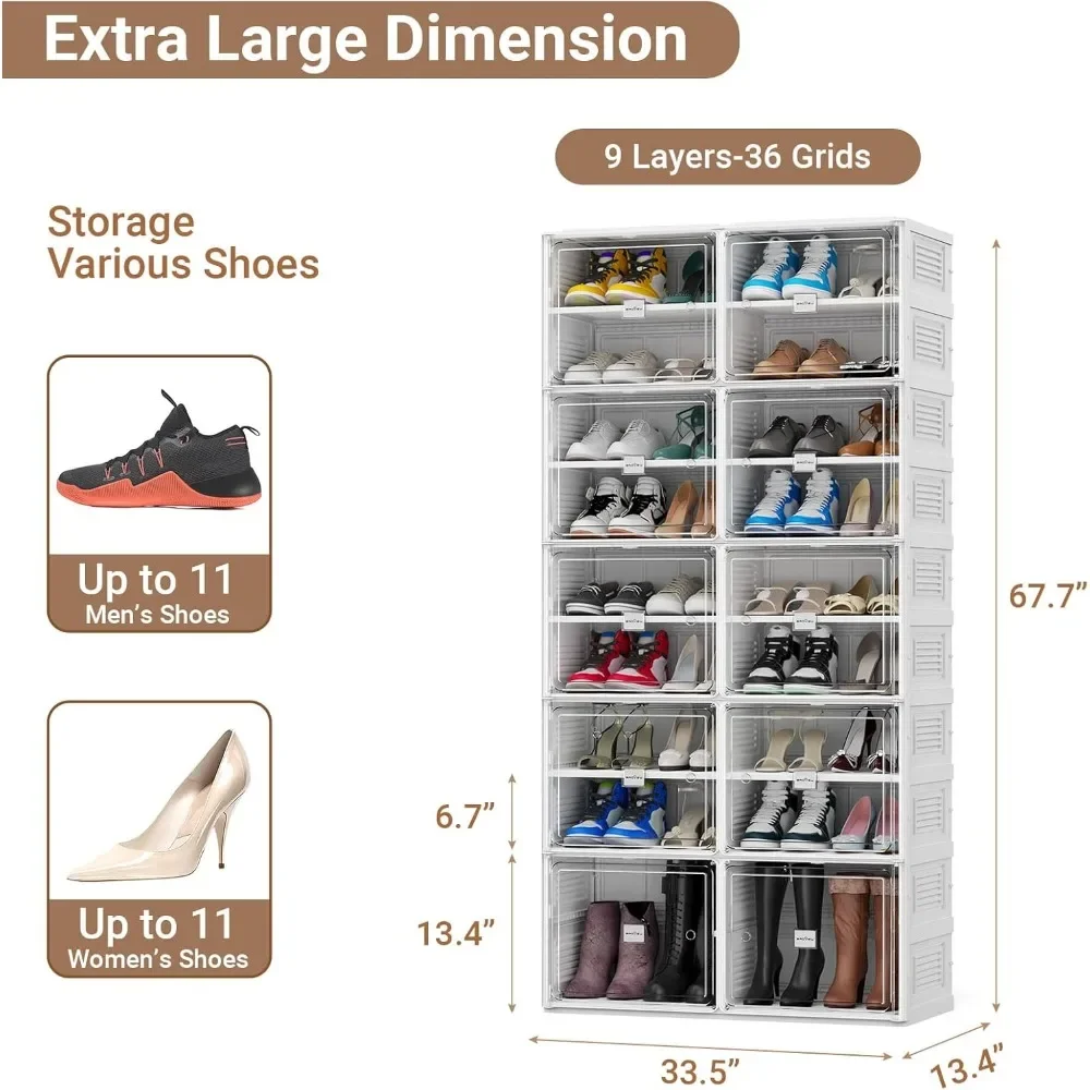 Shoe Storage with Magnetic Door Hard Plastic Stackable Shoes Box 9 Tiers 36 Pairs Folding Shoe Rack