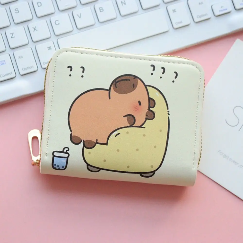 Portable Cartoon Capybara Short Wallet Zipper Multi Slot Coin Purse PU Leather Small Credit Card Holder