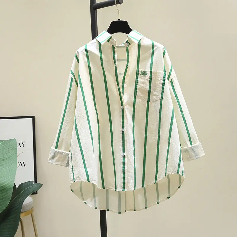 Summer Women\'s 2024 New Patchwork Turn-down Collar Button Striped Pocket Fashion Loose Minimalist Casual Long Sleeved Shirts