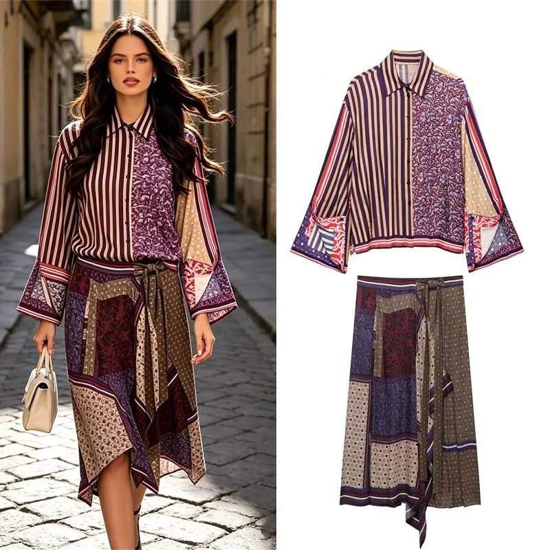 Guobioziy Women's Shirt 2026 Early Autumn New Style Fashion Color-Block Loose Striped Long-Sleeve Patchwork Printed Shirt