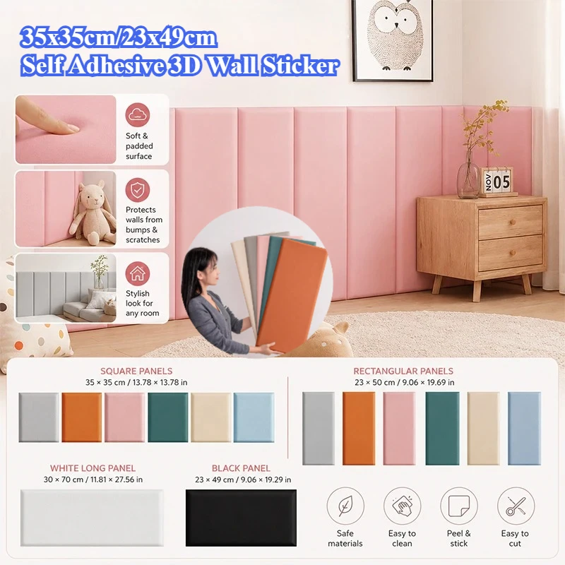35x35cm/23x49cm Self Adhesive 3D Wall Sticker Headboard Pad Tatami Anti-Collision Wall Padding for Kids Bedroom Nursery Decor
