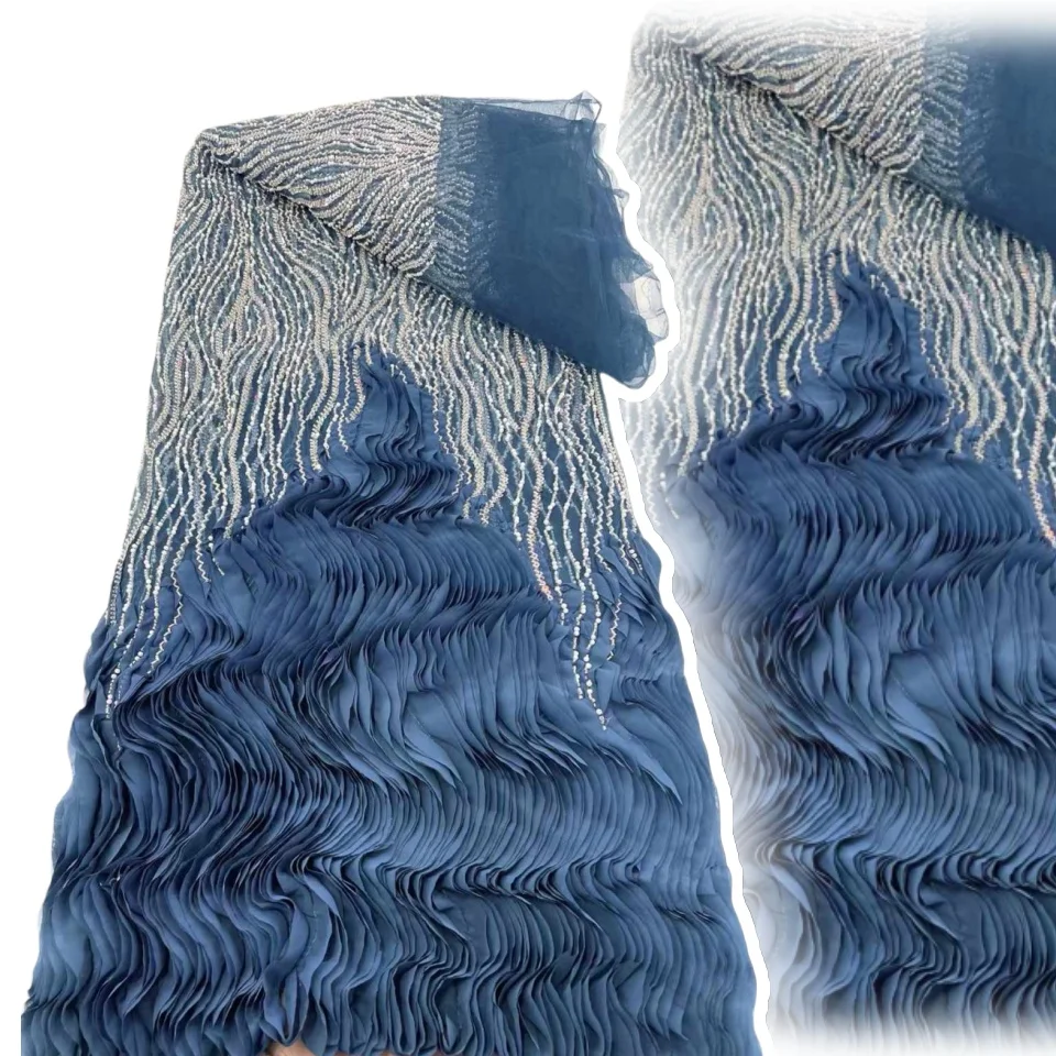 

Latest 3D Wave Beaded Sequin African Lace Fabric 5 Yards French Nigerian Women's Wedding Dress Lace Tulle Fabric Sewn TP1101