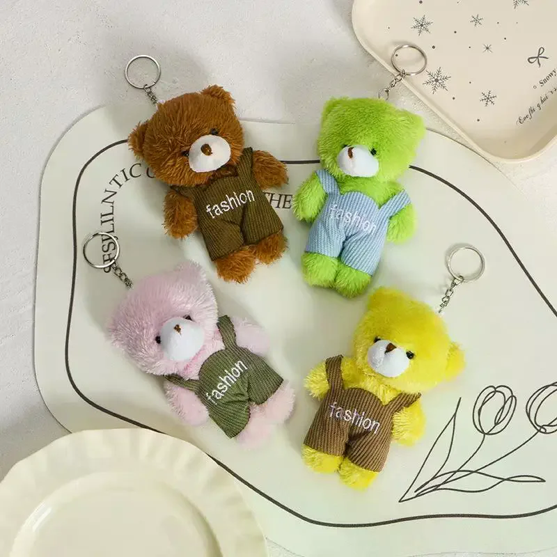 Colorful Soft Fluffy Bear Plush Pendant Overalls Design For Backpack Decoration Kids Birthday Gifts