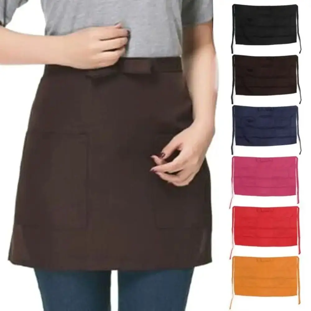 Kitchen Short Half Waist Apron 2 Pocket Apron Women Waitress Antifouling Work Bar Pub Cafe Cooking Men Short Waist Aprons