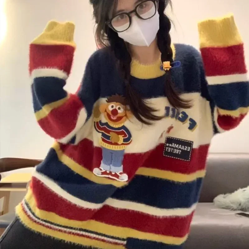 

Fashionable Preppy Style Cartoon Pattern Striped O-neck Sweater Female Autumn Winter Loose Trend Knitting Multicolor Pullovers