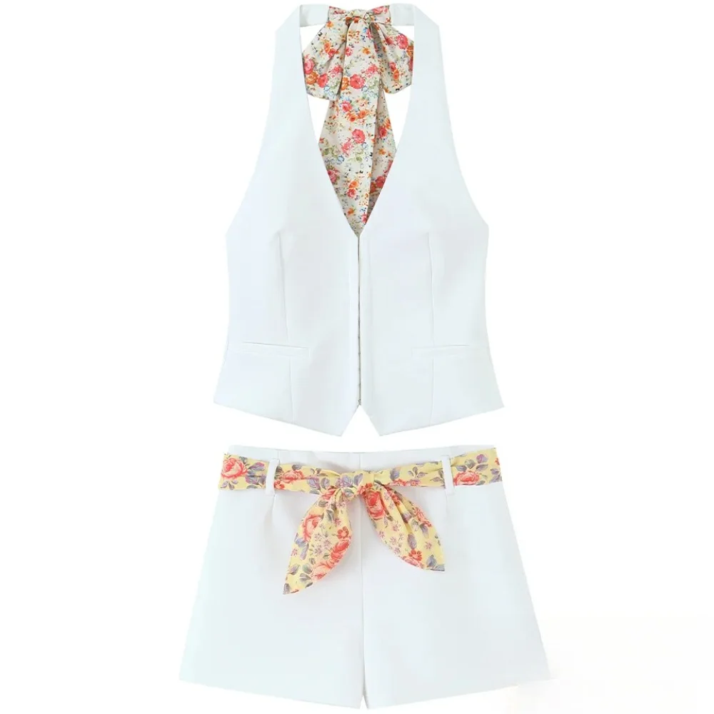 

KONDALA женский осенний сексуальный короткий комплект с тонким принтом, мини-шорты с лямкой на шее и высокой талией, новинка 2025, летняя мода, элегантный милый белый комплект