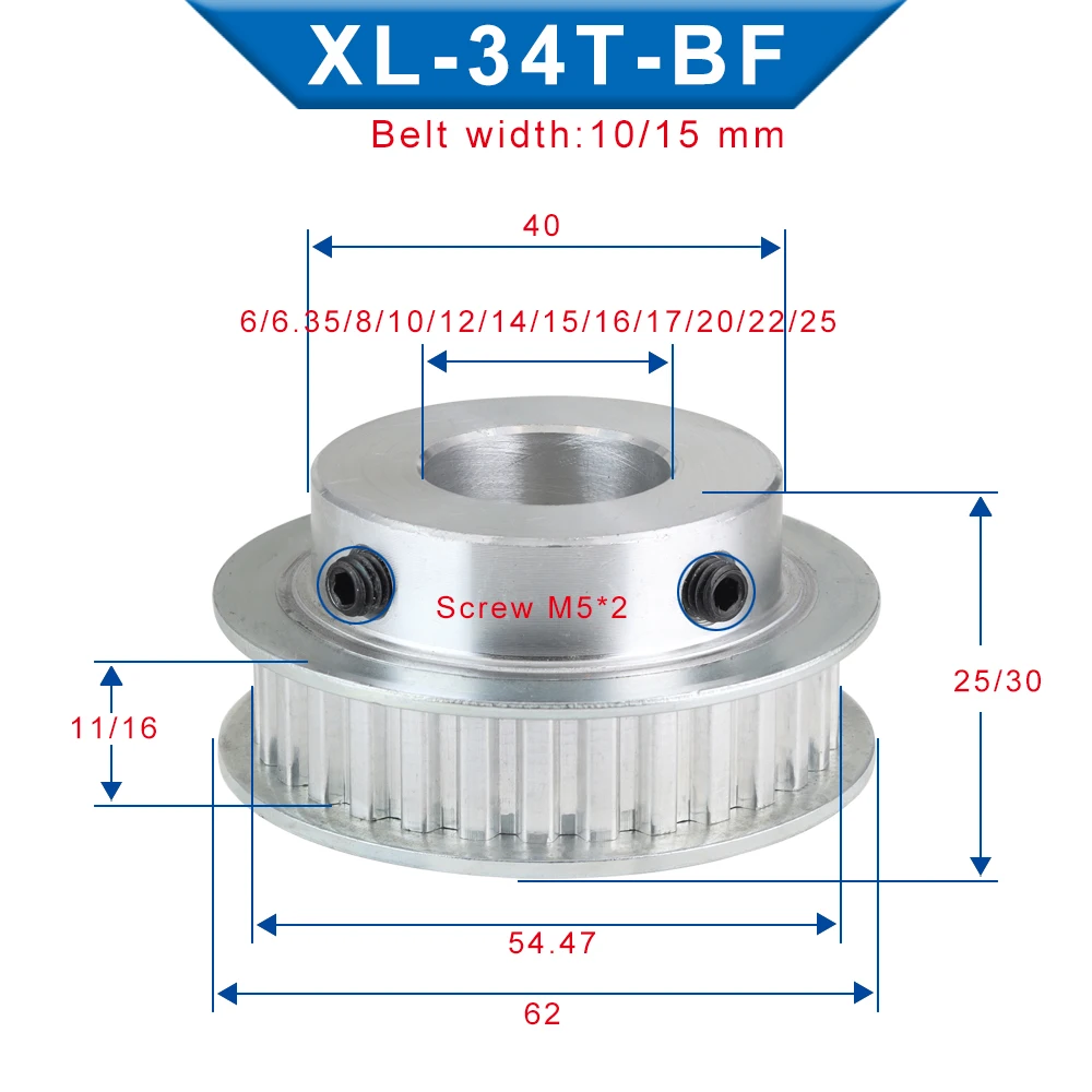 XL 34T Alloy Pulley Teeth Pitch 5.08 mm Trapezoidal Tooth Pulley Wheel Bore Size 8/10/12/14/15/19/20 mm Belt Width 10/15mm