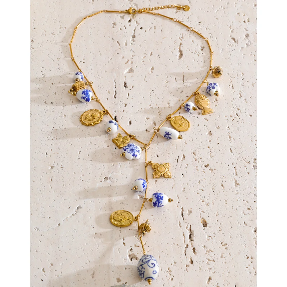 Yhpup Stainless Steel Ceramic Flower Heart Drop Charm Long Necklace Exclusive Style Handmade Beads Summer Popular PVD Jewelry