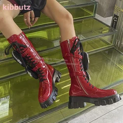 Bags Knight Knee High Boots Platform Round Toe Thick Bottom Lace-Up Side Zipper Patent Leather Novelty Fashion Women Shoes New