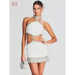 Women Celebrity Sexy Cut Out Halter White Diamonds Crystal Mini Bodycon Bandage Dress 2024 Elegant Evening Club Party Outfit