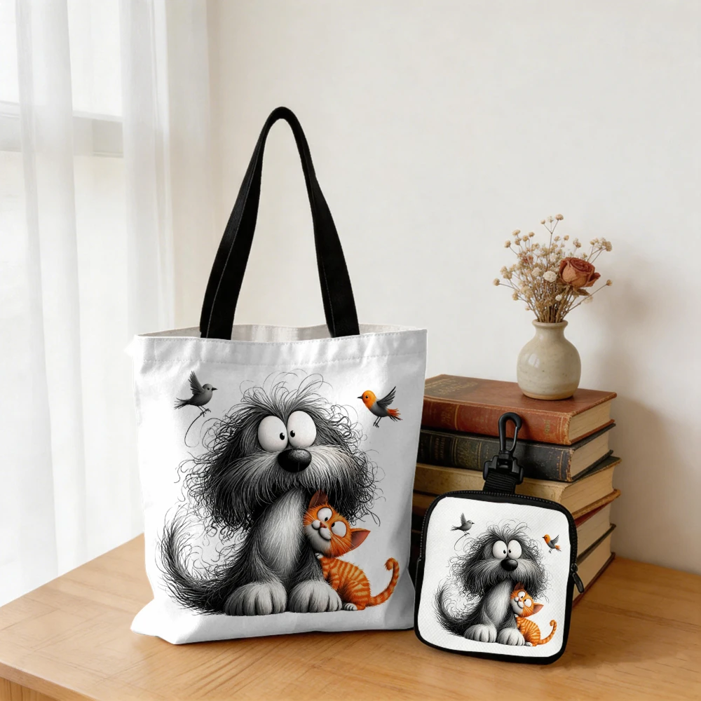 Cute Dog Cat Bird Cartoon Art Tote Bag Set - Durable Reusable Tote with Small Coin Pouch, Perfect Gift for Pet Lovers