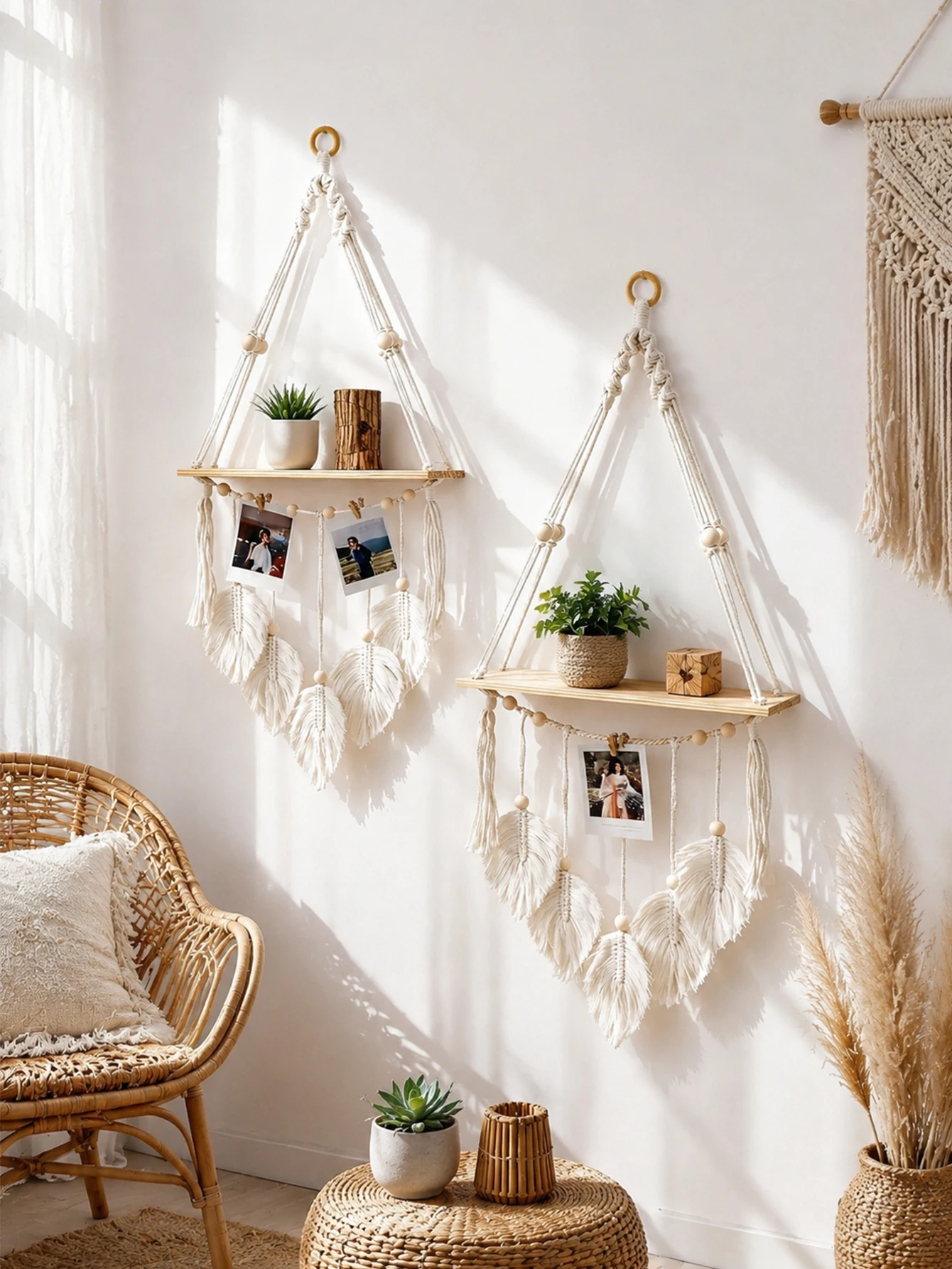 ボヘミアンマクラメ壁掛け棚、リーフタッセル付き木製ビーズフロ - Floating Shelves のレビューと価格