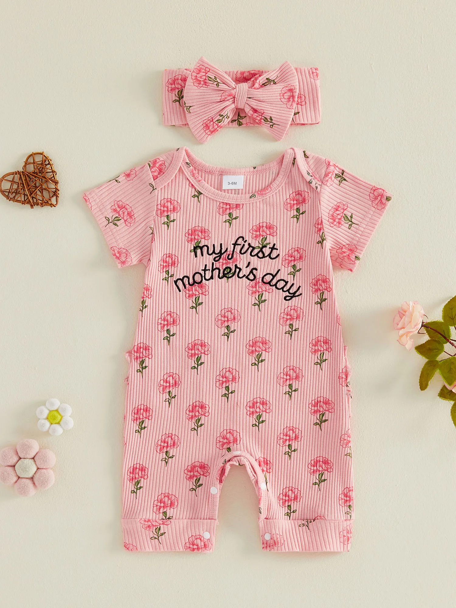 

Милые комбинезоны с цветочным принтом для маленьких девочек, боди с короткими рукавами и вышитым именем, комбинезоны и подходящая повязка на голову для