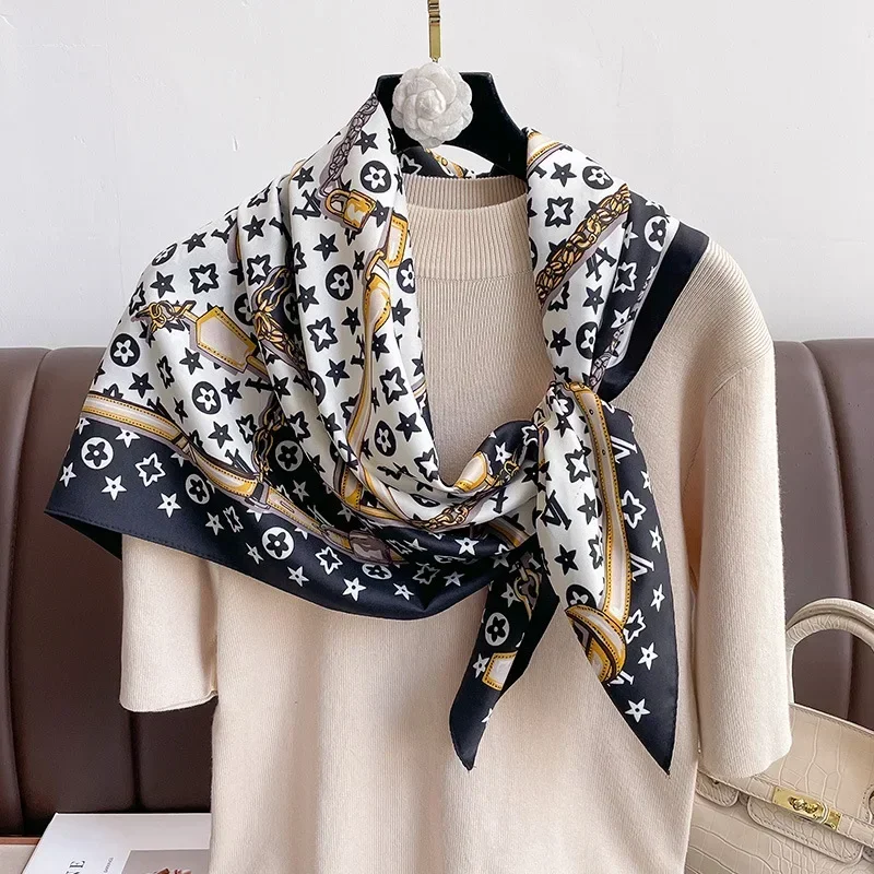 Artificial Silk Geometric Chain Printed Alphabet Luxury Hijab Fashion Black Gold Slim Shawl Scarf Soft Elegant Hijab 90*90cm