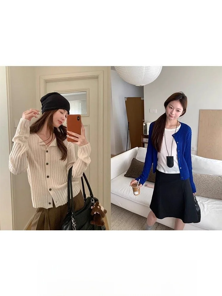 

Fashionable Silk Wool Knitted Open Cardigan round Neck Women Black Fish Tail Skirt Commute Style Regular Fit Long Sleeve