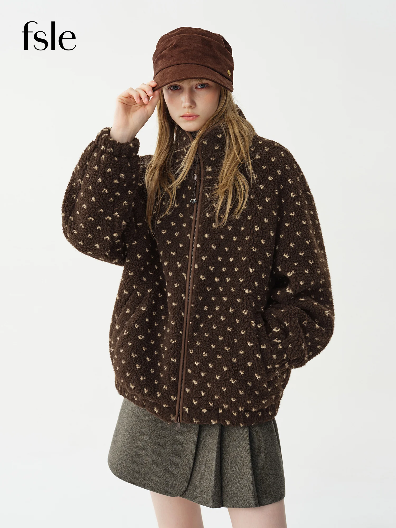 FSLE 2026 Winter Women's Korean-Inspired Stand Collar Sherpa Cropped Relaxed Jacket - Soft Cozy Chic Outerwear for Daily Wear