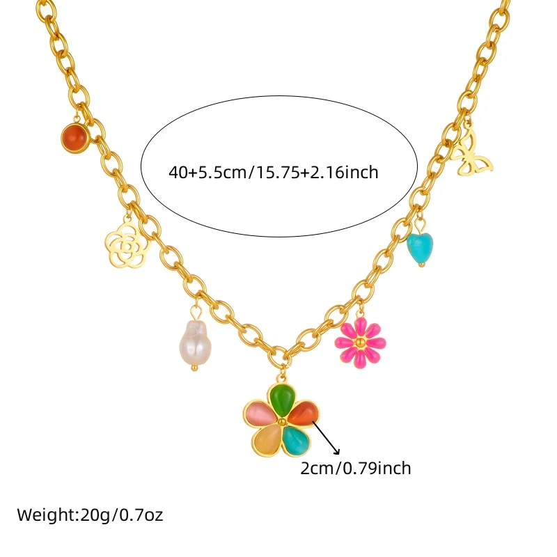 LAMENGLY New Arrival 316l Stainless Steel butterfly Five colored flower Pendant Necklace temperament Women Non-fading Neck Chain