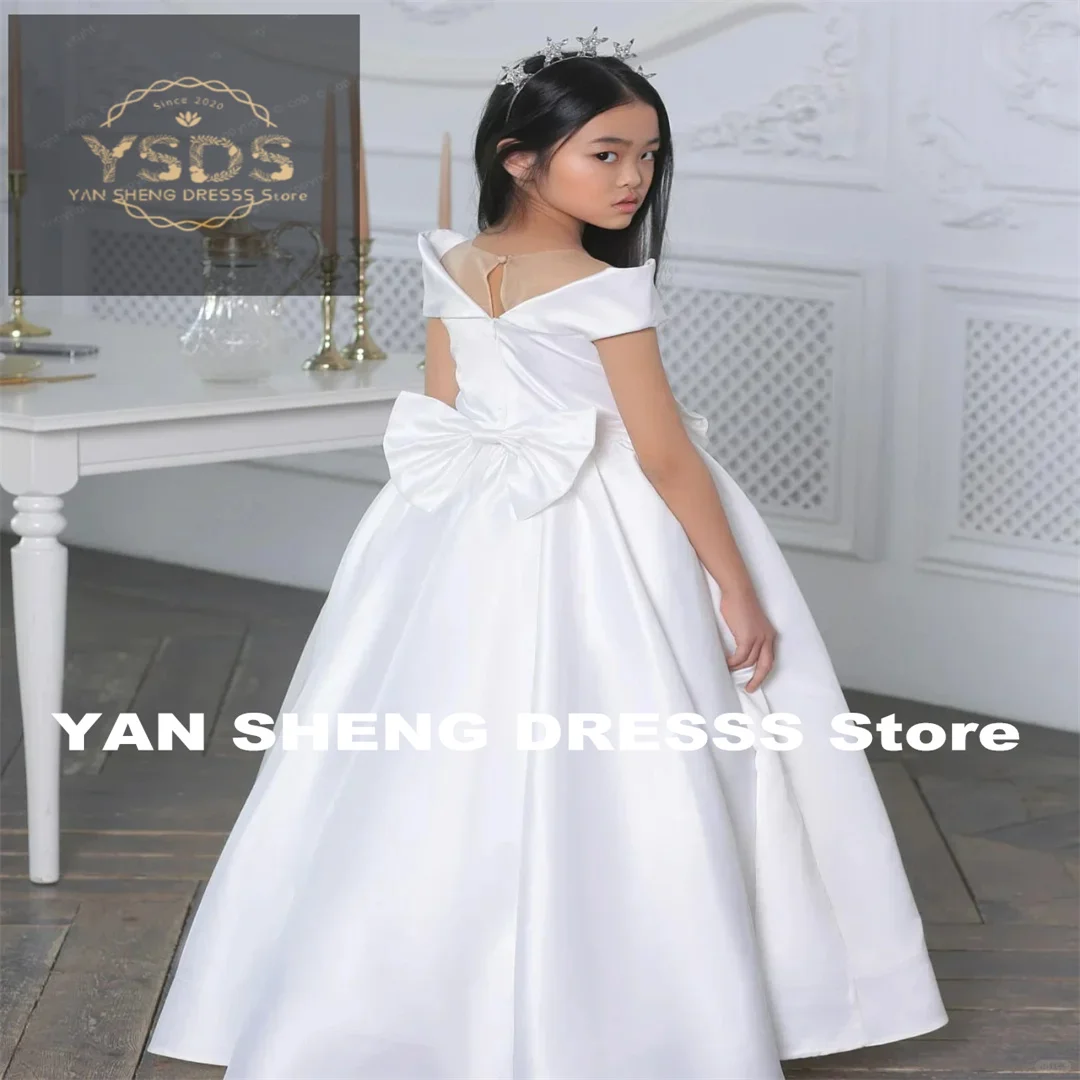 Customized  Flower Girl Dess For Wedding Floor Length Short Sleeeve With Bow Elegant Kids Birthday Party First Communion Gowns