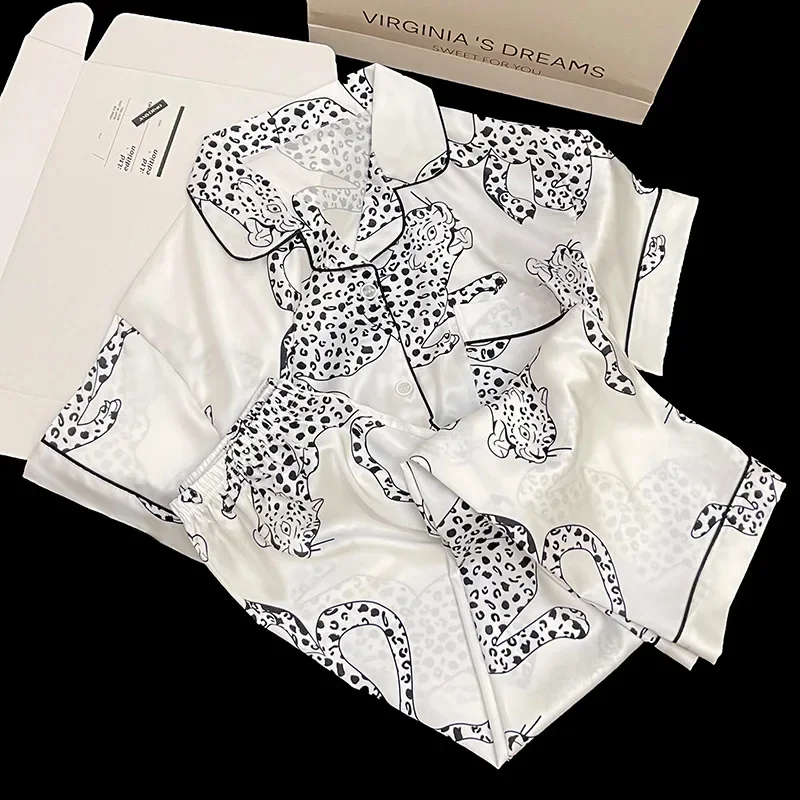 Conjunto de Pijama con estampado de leopardo para Mujer, ropa de dormir de satén de seda sintética, de manga corta, para primavera y verano, 2 piezas