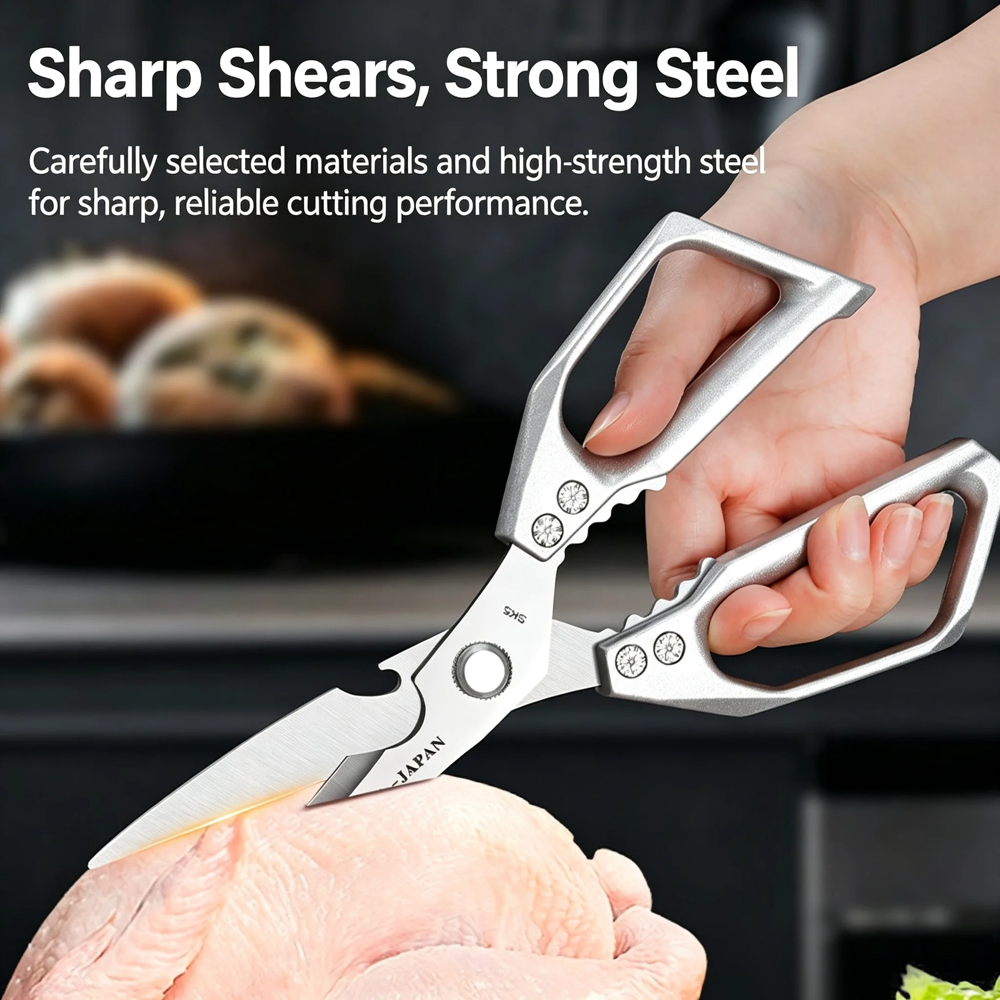 SK5 Stainless Steel Kitchen Scissors - Japanese-style Multi-functional Food Scissors for Cutting Chicken, Duck and Goose Bones