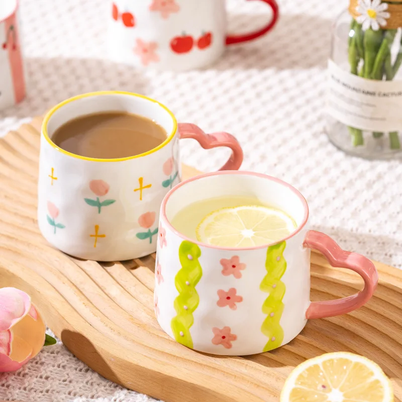 New Korean Style Hand Painted Floral Ceramic Coffee Mug High Appearance Level Water Cup Afternoon Tea Drink Mug for Home Office