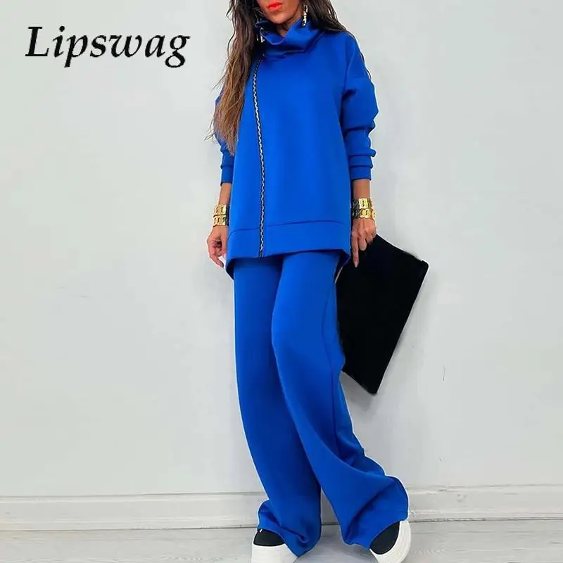 Casual Solid Loose Two Piece Sportwear Winter Fashion 2024 Outfit Women Zip Long Sleeve Sweatshirt&Wide Leg Pants Commuter Suit