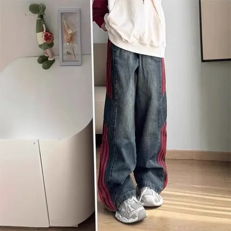 

2025American Style Loose Fit Men's Denim Jeans Stripe Patchwork High Street Retro Three Bars Wide Leg Pants Washed Long Trousers