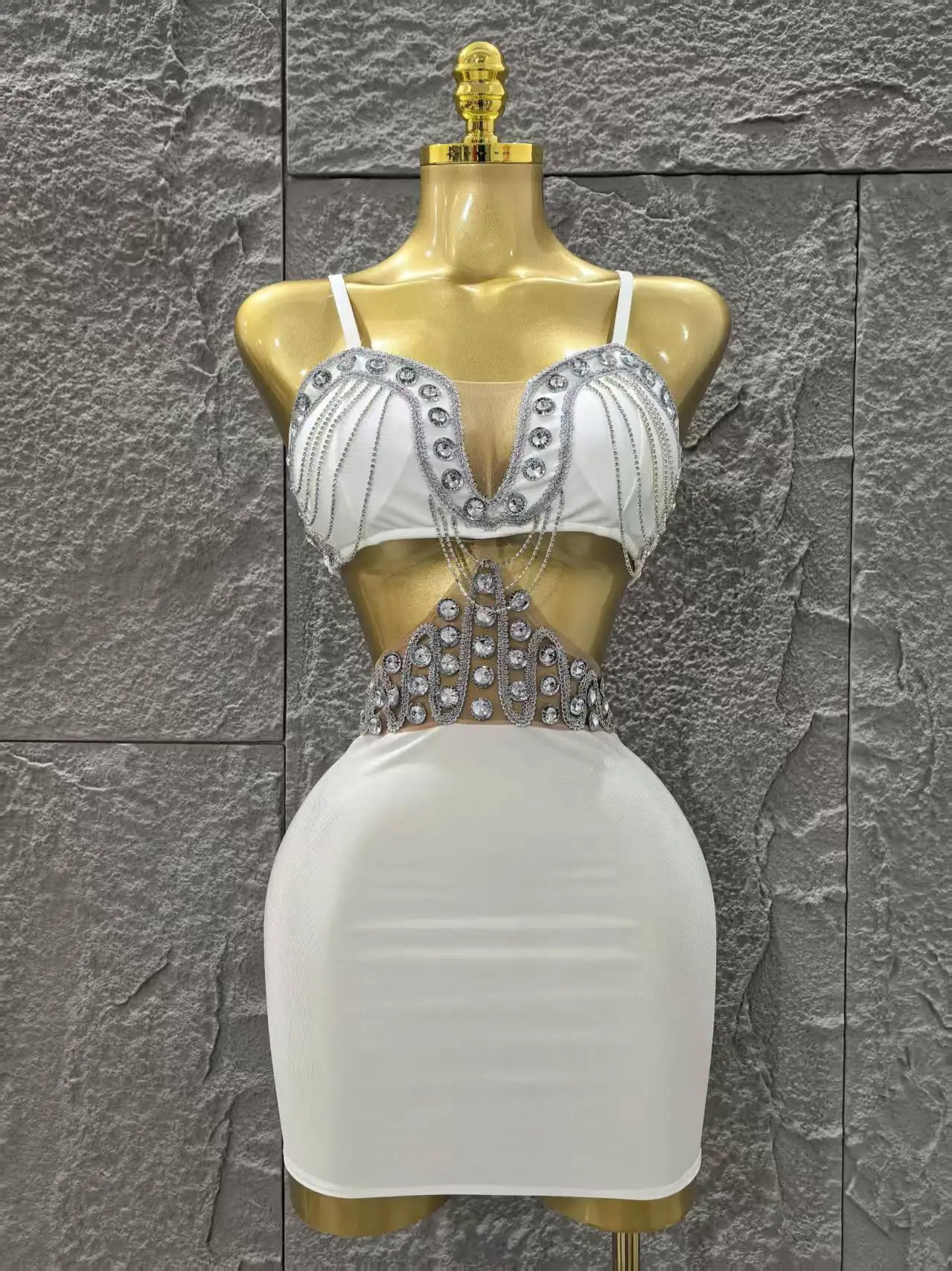 

Sexy Mini Dress Women Bar Nightclub Hollow Waist Backless Rhinestone Chain Short Dress Party Birthday Club Concert Stage Costume