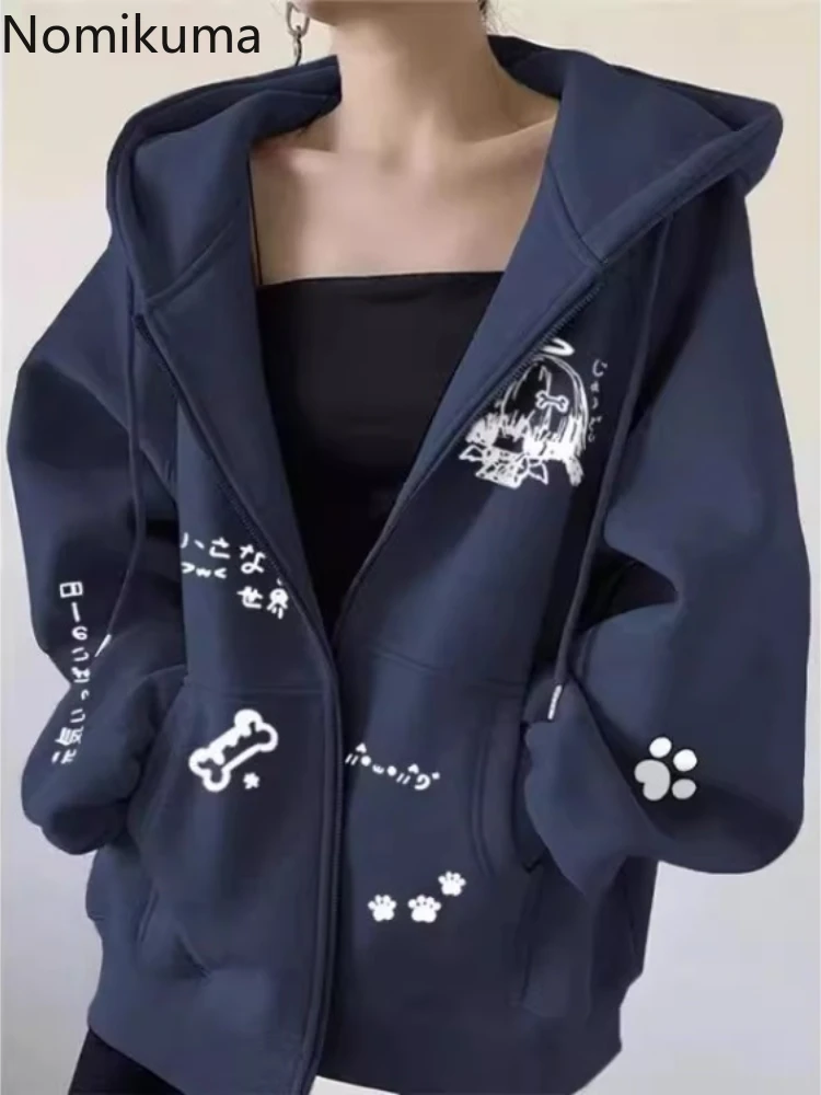 

Streetwear Oversized Hoodies Women 2025 Preppy Style Hooded Zipper Anime Print Y2k Coats Casual Chic Thicked Sweatshirts Tops