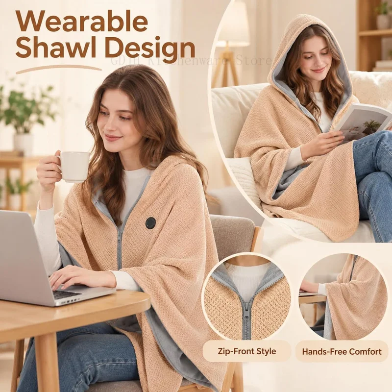 USB Wearable Heated Shawl Wrap Poncho Cape, Zip Front Hands-Free Heating Blanket, Double Sided Soft Warm Throw for Home Office