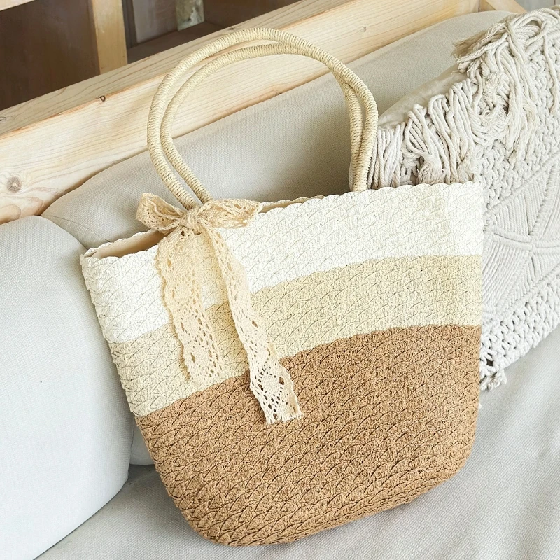 

Large-capacity Color-matched Striped Straw Woven Shoulder Bag Lace Bow Design Women's Beach Travel Vacation Holiday Daily Use