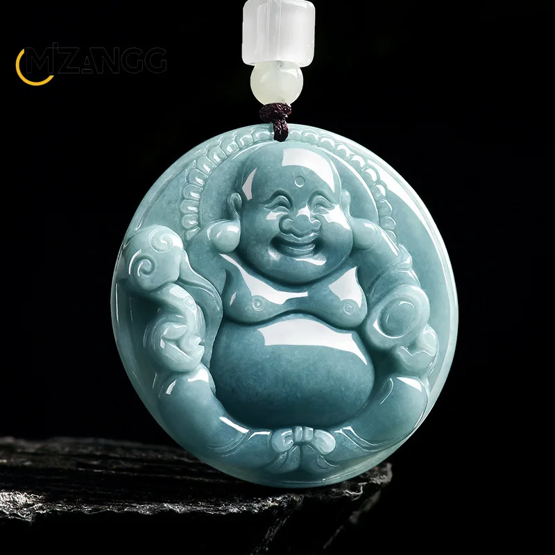 

Natural Grade A Jadeite Blue Water Ruyi Smiling Buddha Pendant Exquisite and Charming Ice-Type Jade Necklace Unisex Holiday Gift