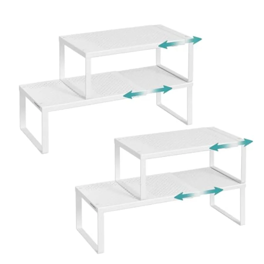 

Kitchen countertop spice racks, set of 4 expandable metal shelves, matte white, space-saving small cupboard organizers