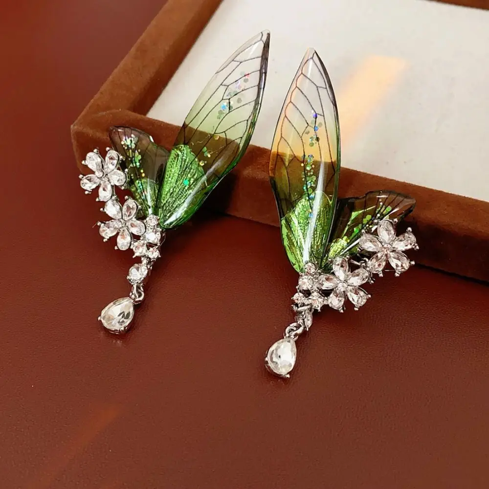 Sweet Exquisite Green Elf Ear Clip Transparent Rhinestone Butterfly Earrings Shiny Translucent Wings Ear Clip Party